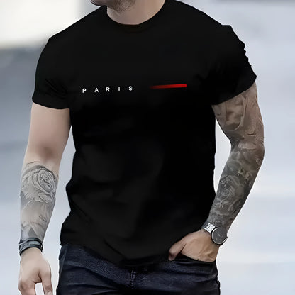 Men's slim fit 3D printed mesh top in a light colour on a hanger, showing short sleeves and patterned fabric.