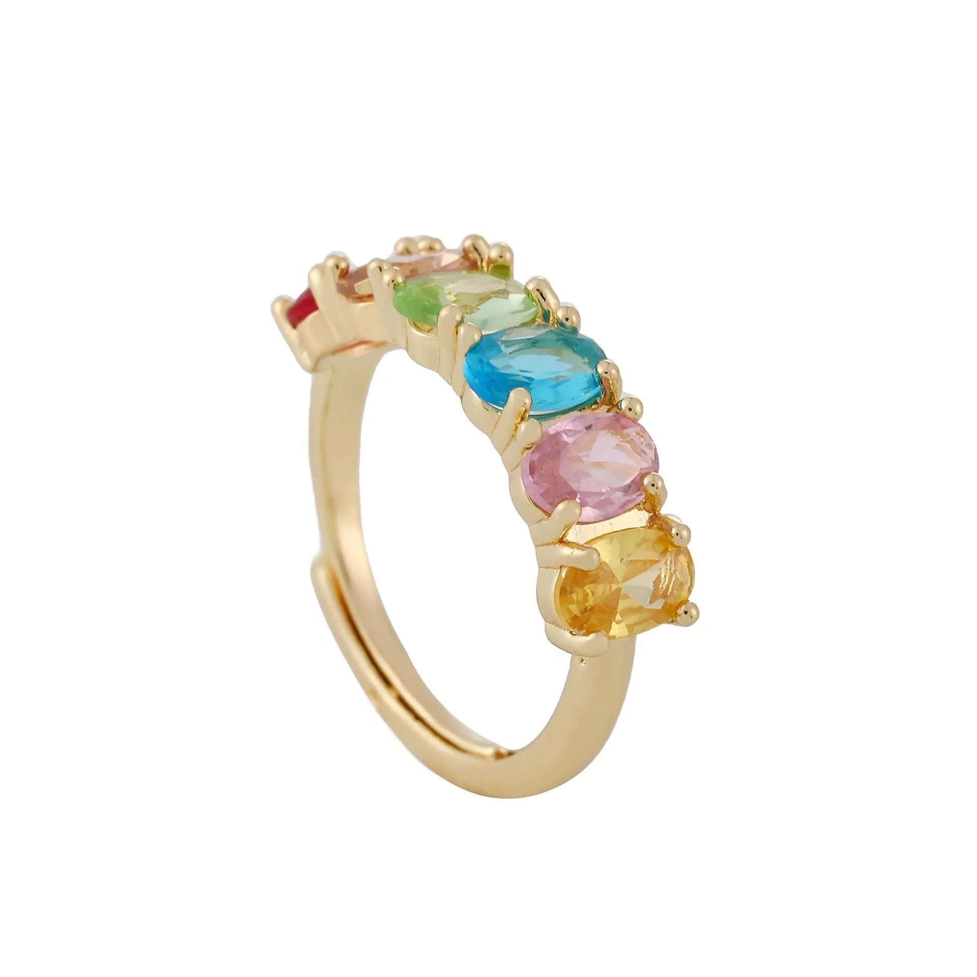 Adjustable gold-colour copper ring with zircon detail on woman's finger