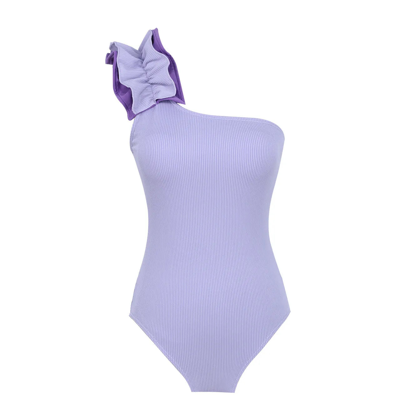 Women's single-shoulder suspender tube top one-piece swimsuit in a high-waist design on a model.