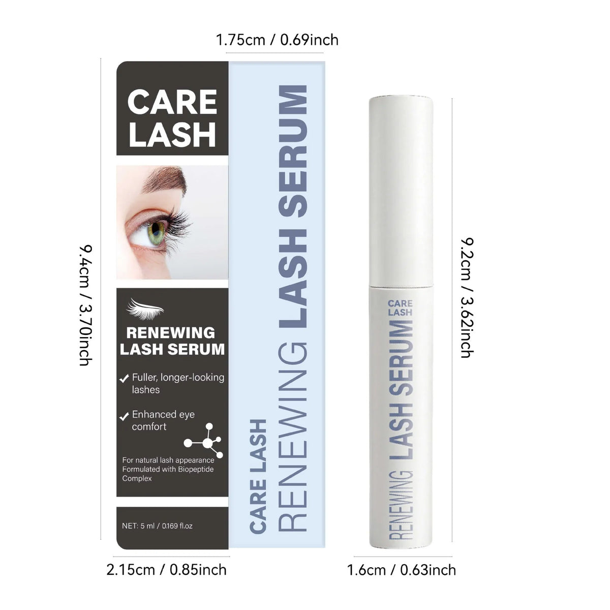 5ml eyelash regrowth serum bottle with neutral packaging showing FP-E015 specifications