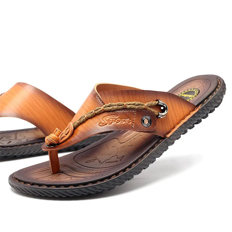 Men's black PU leather casual slippers with non-slip sole on a white background