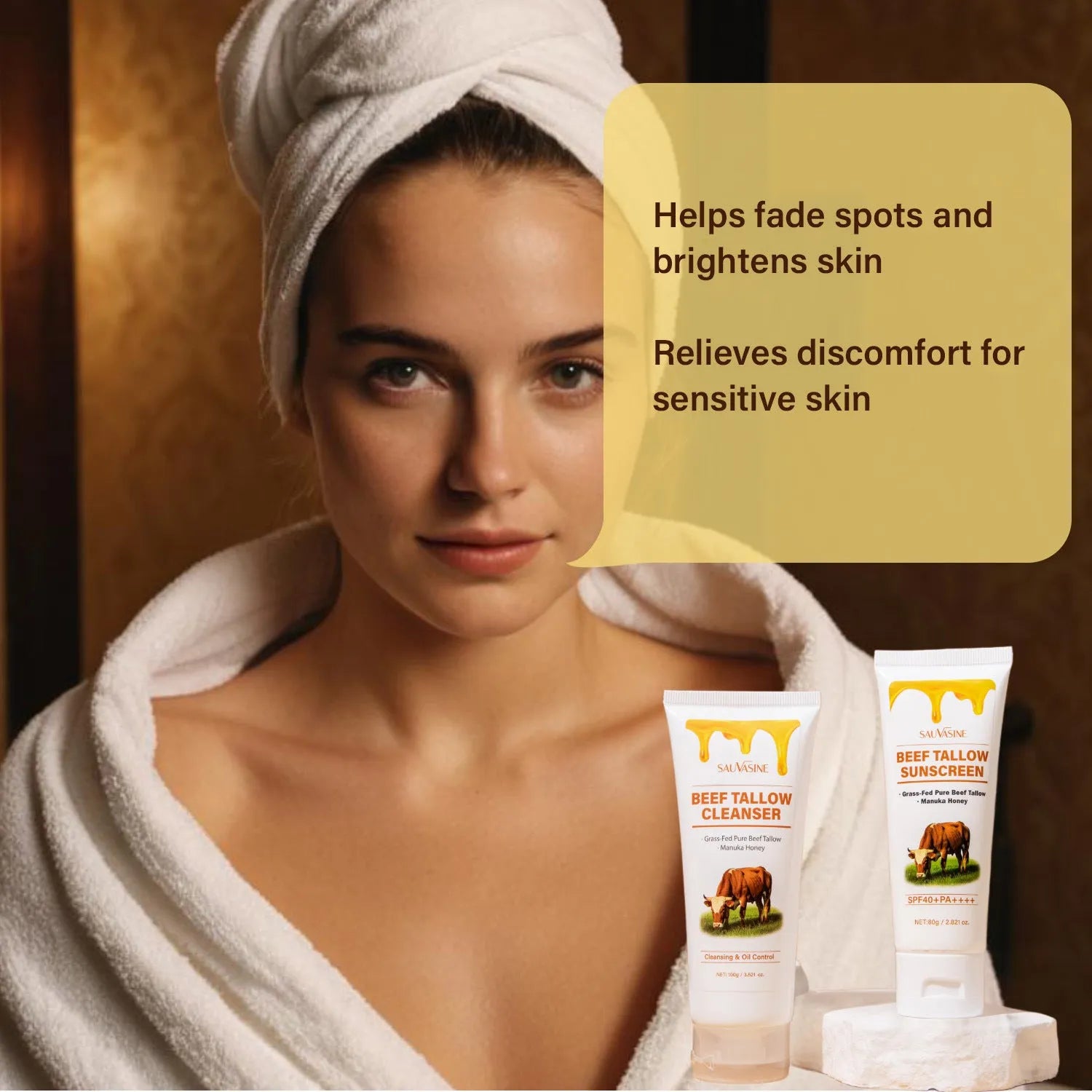 Seven-piece skincare set with facial cleanser, face cream, lipstick, body lotion and facial scrub