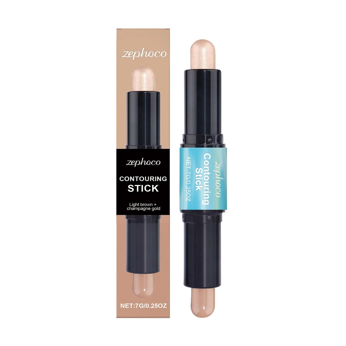 Dual-ended cream contour and highlighter makeup stick showing two shades, Tan Dark Champagne and Light Pink.