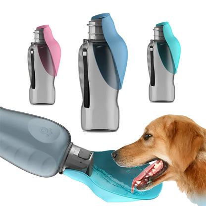 Blue grey portable dog water bottle with fold-out drinking bowl, shown with a wrist strap.