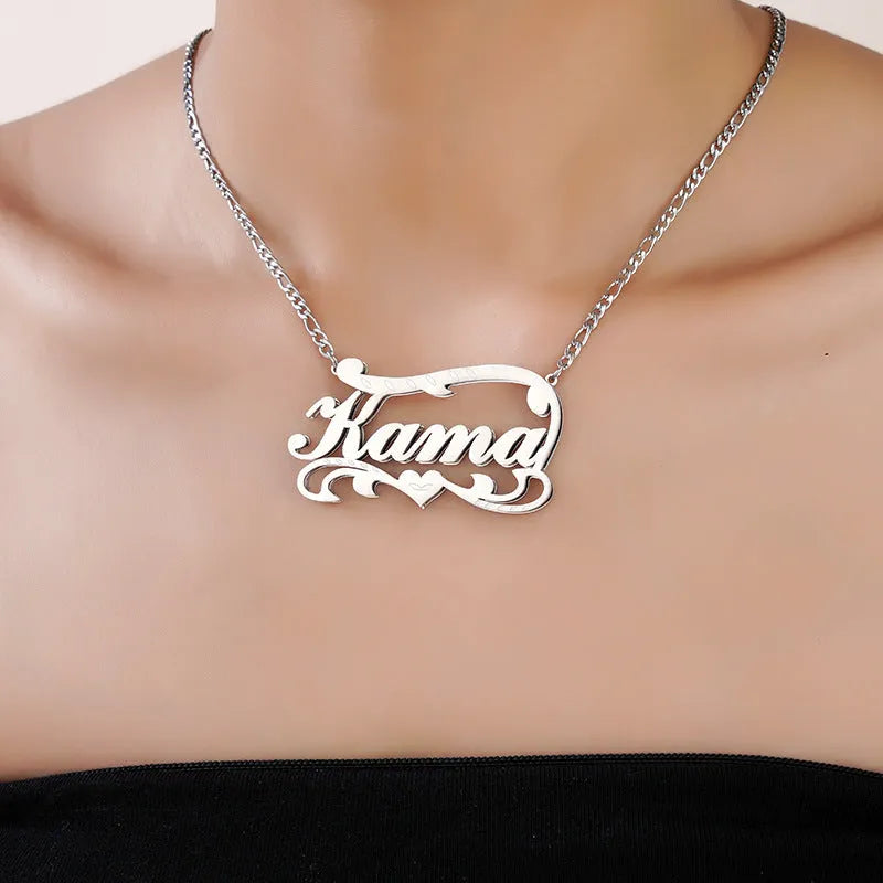Customised stainless steel necklace with double-layer wave heart pendant and engraved text