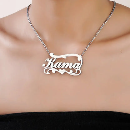 Customised stainless steel necklace with double-layer wave heart pendant and engraved text