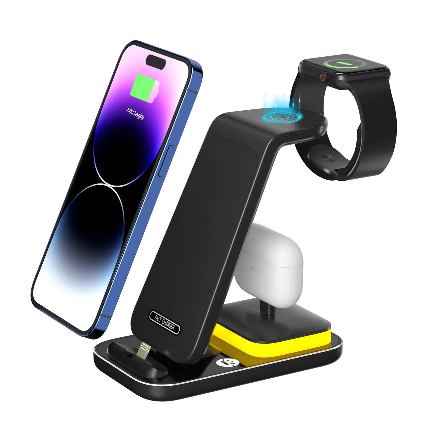 Vertical wireless charger stand charging phone and smart watch simultaneously