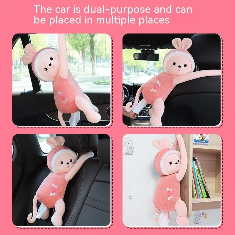 Plush animal design tissue box holder mounted on back of car seat