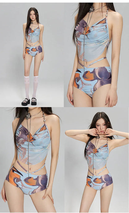 Women's blue printed triangle bikini set with skirt, showing steel support push-up top.