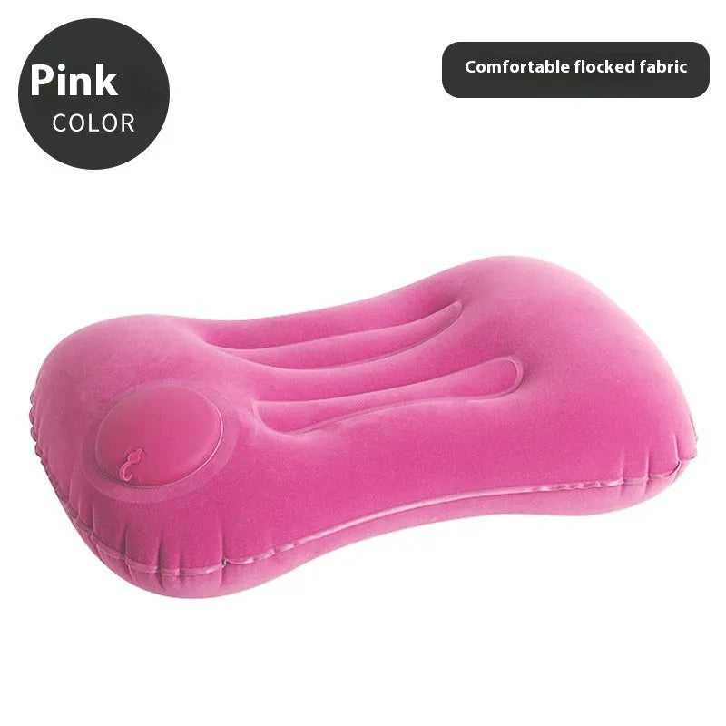 Inflatable travel pillow in grey navy blue pink or peacock green with flocking surface