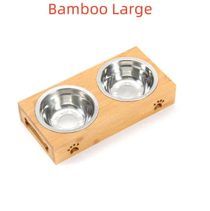 Solid wood pet dining table with elevated stainless steel feeding bowls for cat or dog