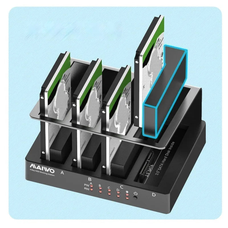K305BU3S four-bay external hard drive docking station with four 2.5-inch SATA drives inserted, showing USB 3.0 and power cables.