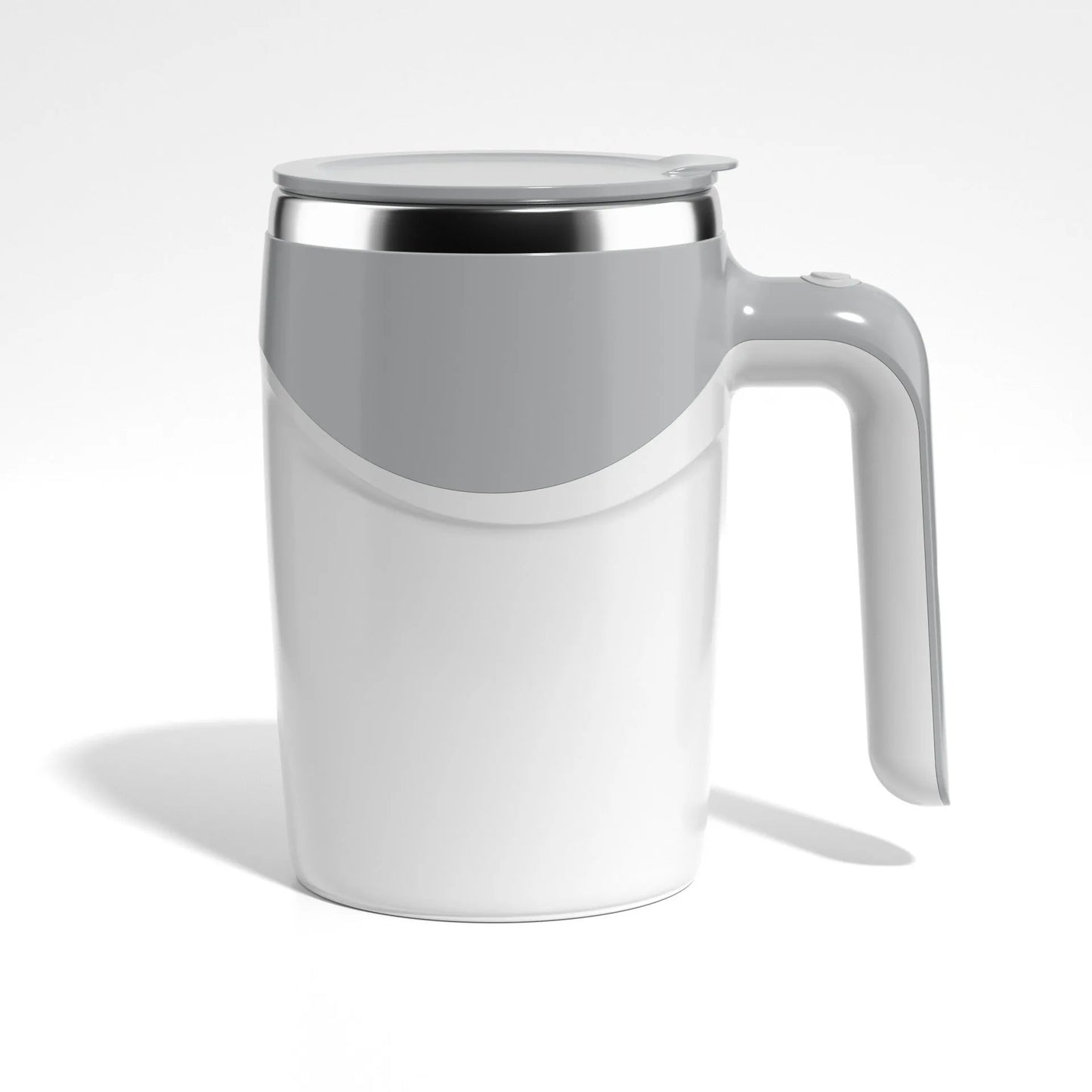 White automatic stirring coffee cup with magnetic mixing technology and modern design