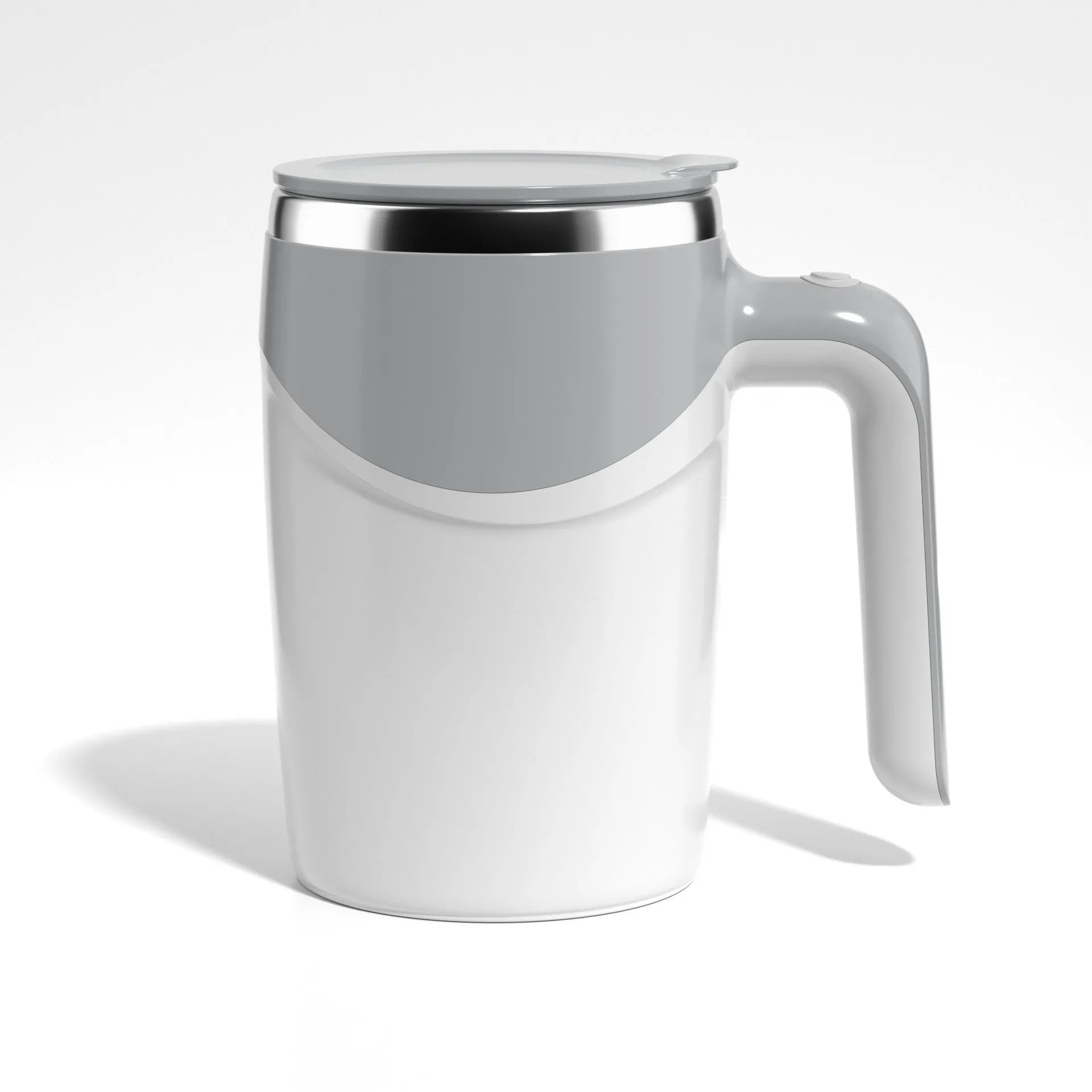 White automatic stirring coffee cup with magnetic mixing technology and modern design