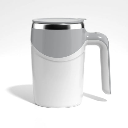 White automatic stirring coffee cup with magnetic mixing technology and modern design