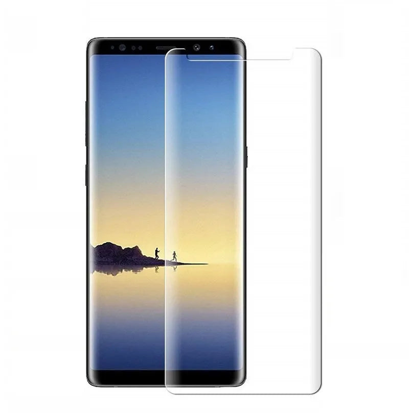 3D Allglue tempered glass screen protector for Samsung Galaxy phones on a black background.