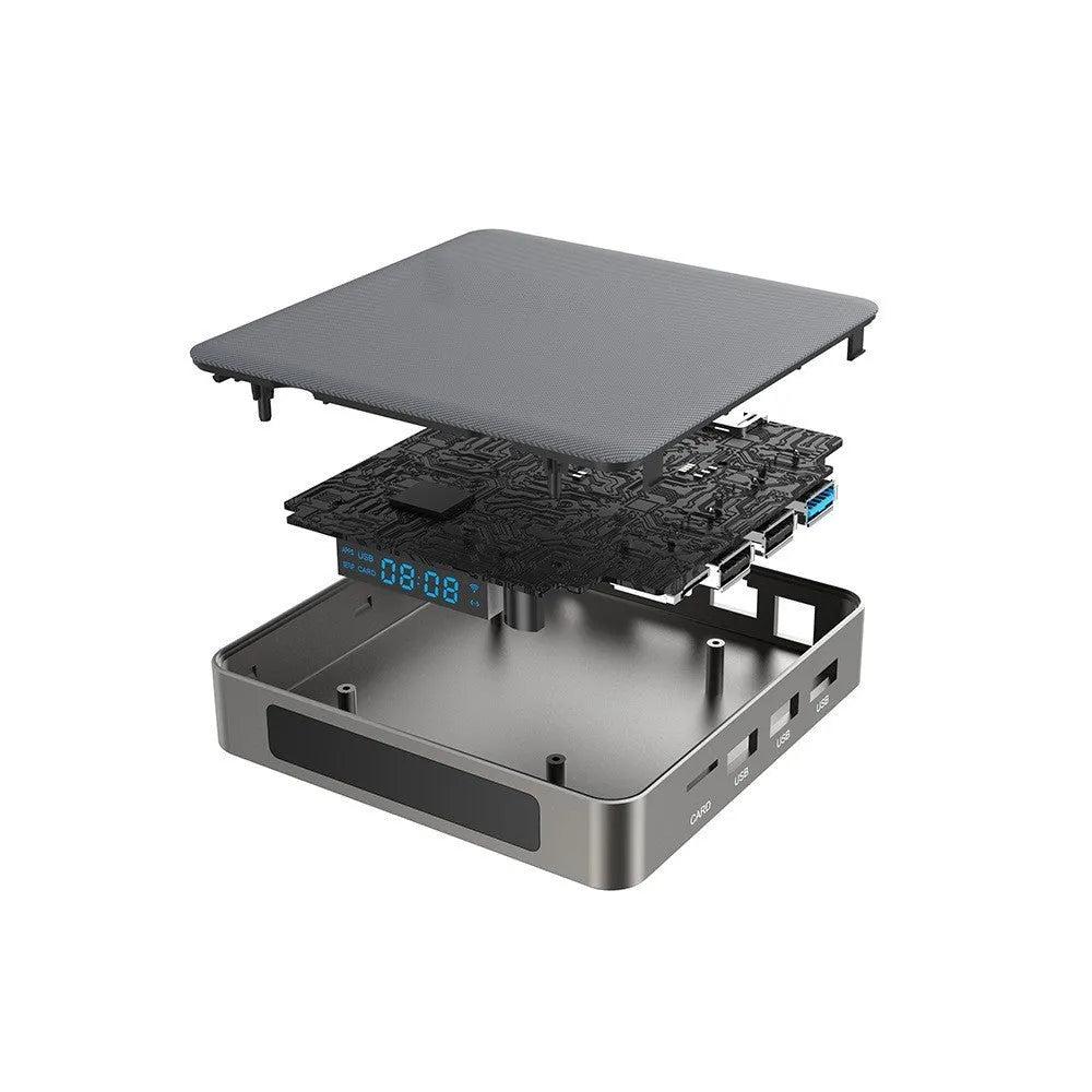 Android TV set-top box with remote control, supporting 8K resolution and Bluetooth.