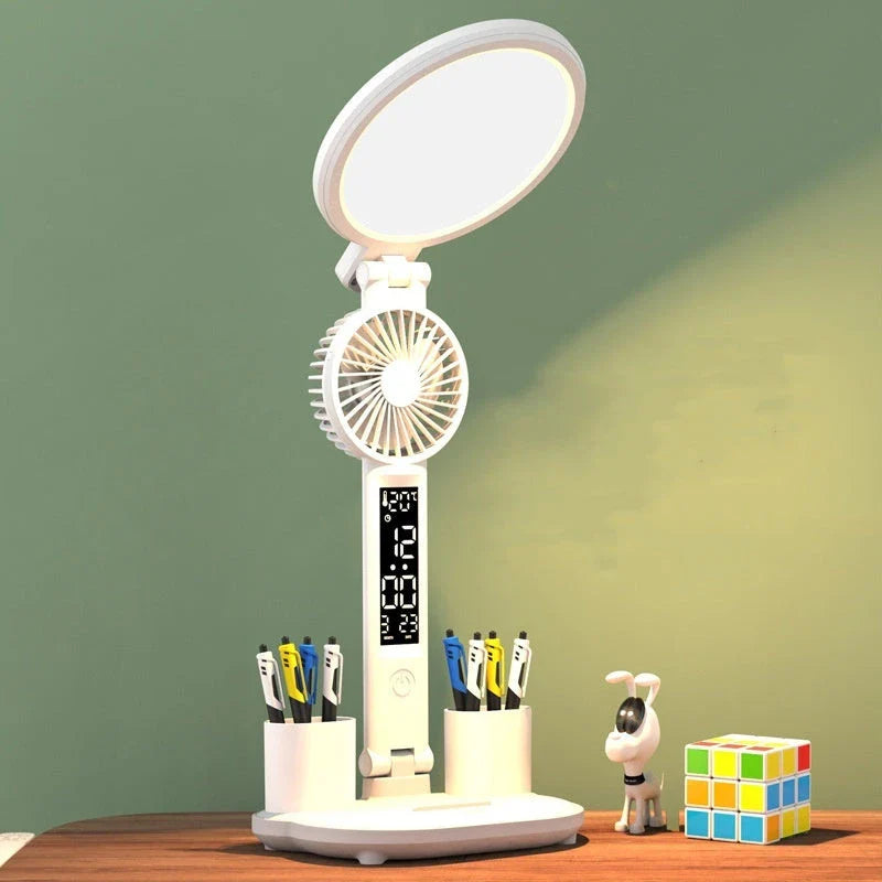 Multifunctional LED desk lamp with USB charging, adjustable brightness, and integrated fan for cooling and air circulation