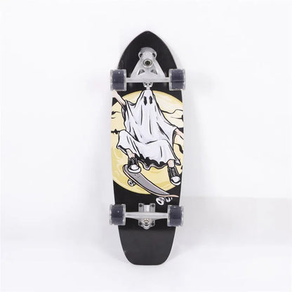 White street scooter with a long 31-inch maple wood deck and black wheels on pavement.