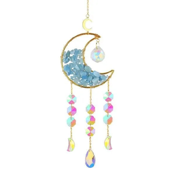 Moon-shaped K9 crystal car pendant with 420mm metal chain and 100mm diameter reflective centre in blue, green, pink, purple, or white