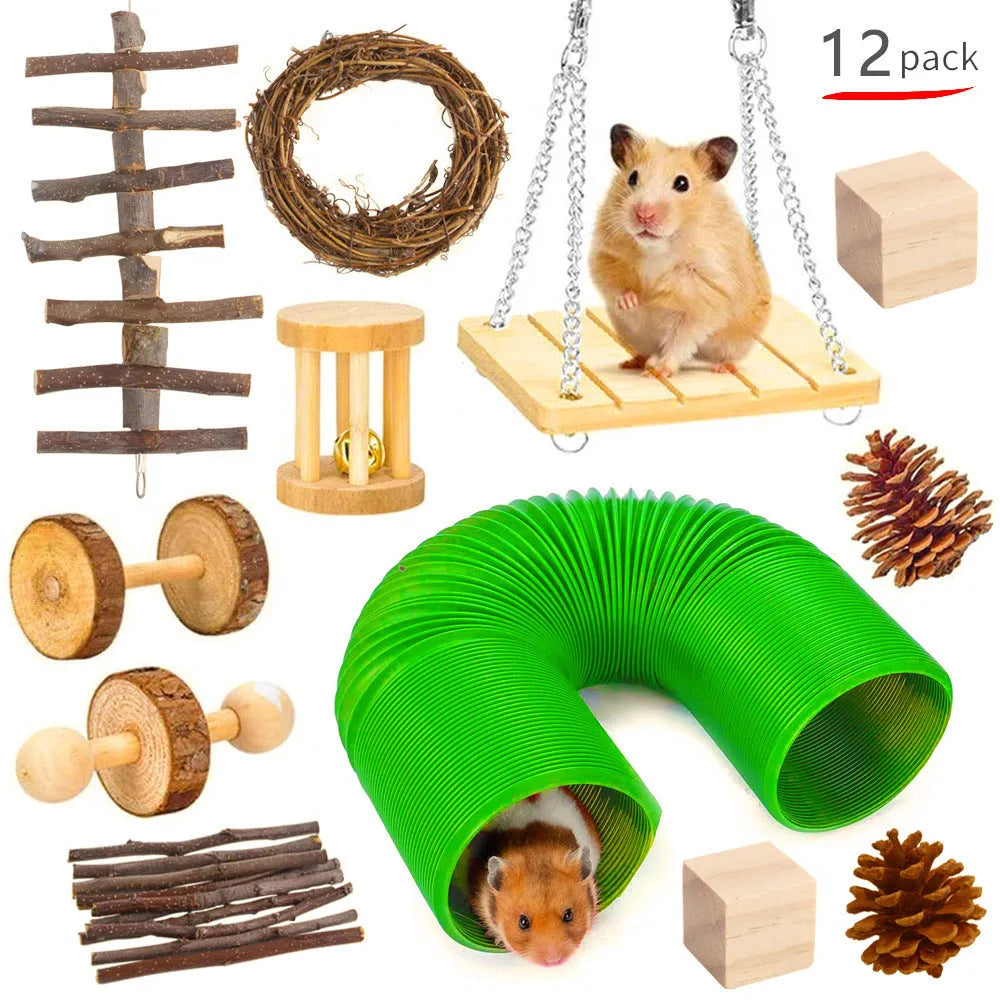 Assorted natural wooden chew toys for small pets including balls, rings, and mats on a plain background.