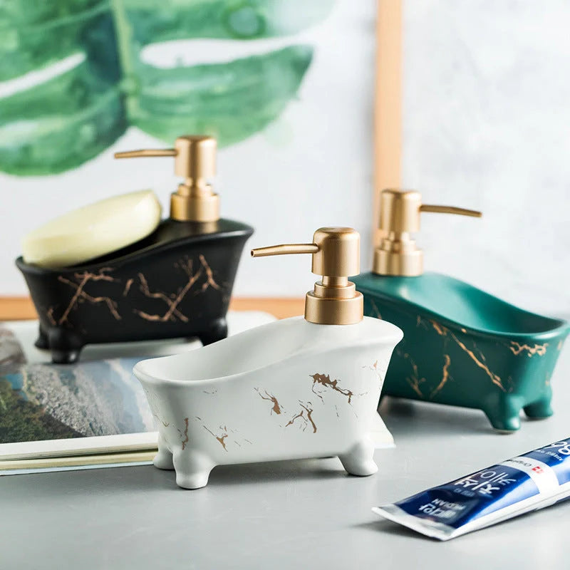 Ceramic hand sanitizer shower gel dispenser with marble pattern in white, green, and black