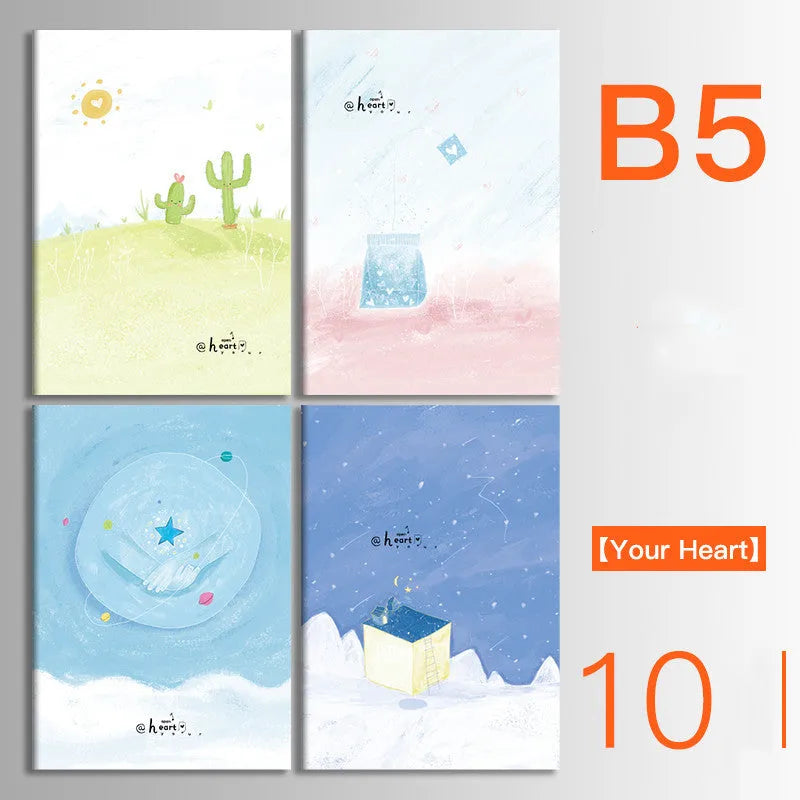 Pack of ten A5 kraft paper thread-bound notebooks with artistic cover designs lying flat.