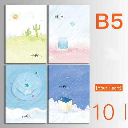 Pack of ten A5 kraft paper thread-bound notebooks with artistic cover designs lying flat.