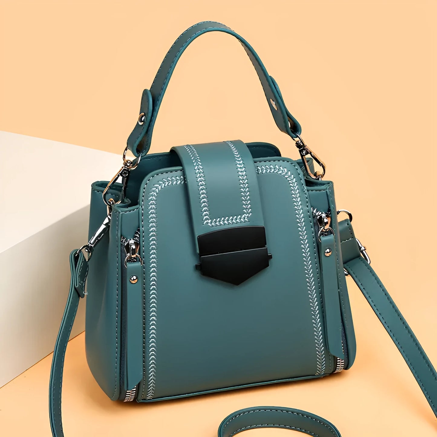 Small square vertical handbag in soft leather texture PU material with sewing thread detail
