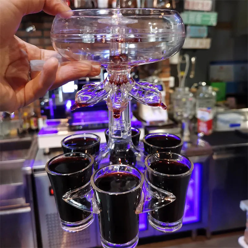 Transparent six-shot glass dispenser rack with individual covers on a wooden bar