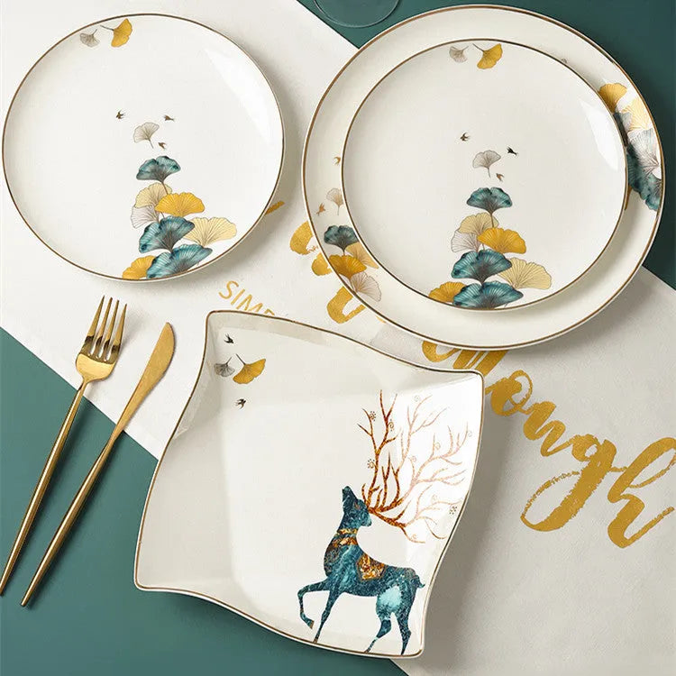 Round porcelain dinner plate with Nordic plant and flower design, flat disk shape, glaze colour finish