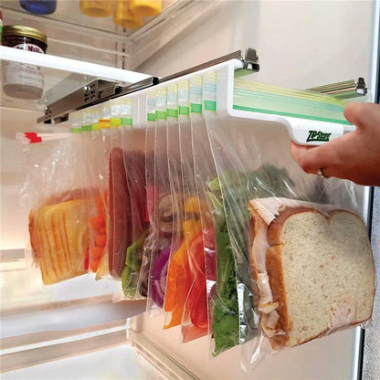 Versatile refrigerator organizer with adjustable telescopic design to neatly store and organize ziplock bags, freeing up space in the fridge