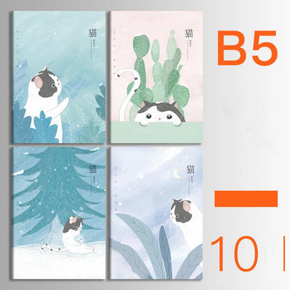 Pack of ten A5 kraft paper thread-bound notebooks with artistic cover designs lying flat.