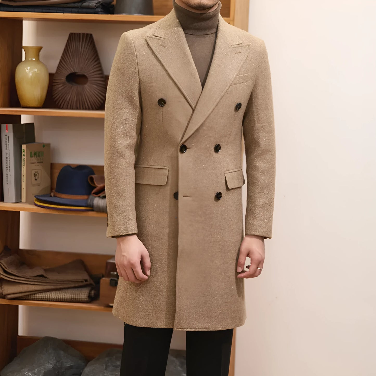 Brown double-breasted slim men's jacket with side seam pockets and straight hem