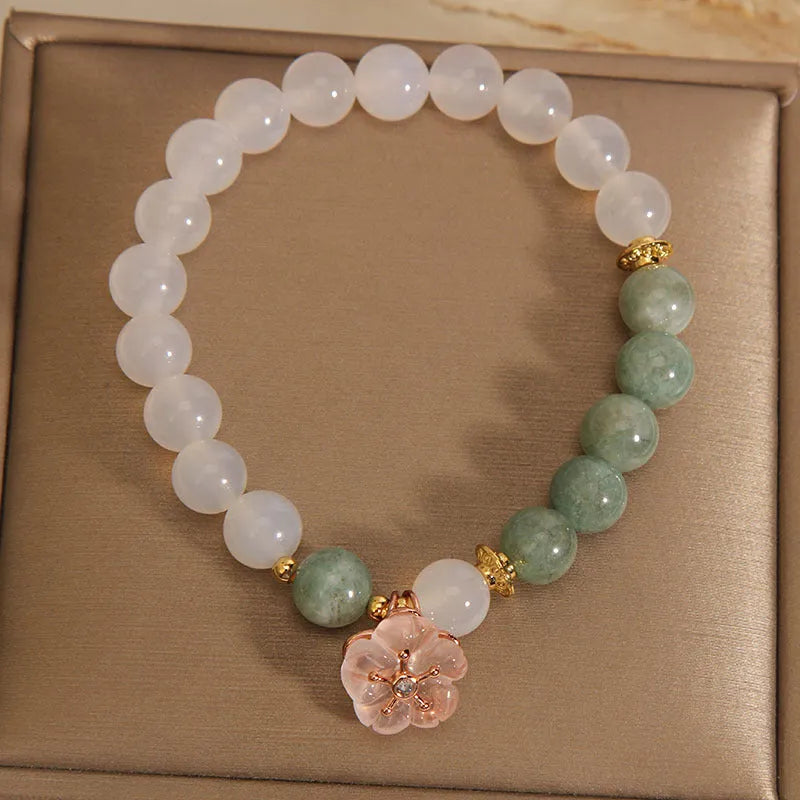 Women's floral jade agate crystal bracelet with white agate stones and pink accents