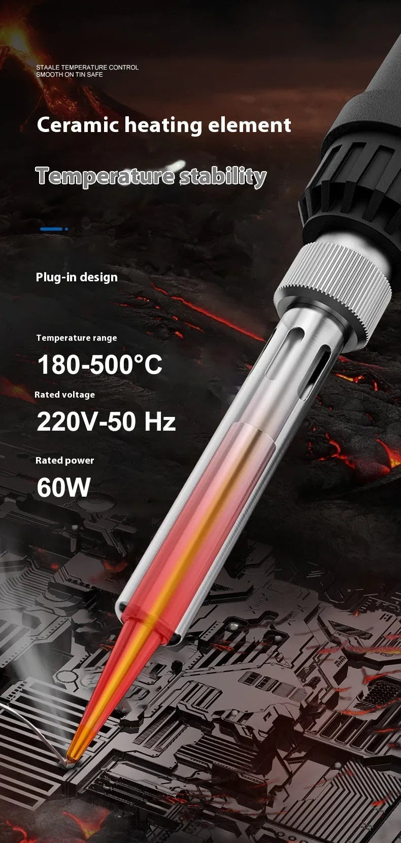 Gray 90W electric soldering iron with ceramic heating core, stand, and five soldering tips.