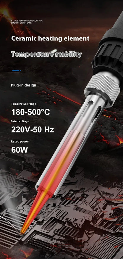 Gray 90W electric soldering iron with ceramic heating core, stand, and five soldering tips.