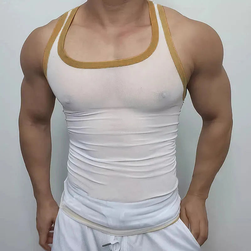Men's fitness mesh vest for sports and workouts in a tight mesh style, made from polyester fibre fabric in solid white or black colour with straight hem design, available in S, M, L, XL, and XXL sizes suited for amekaji casual style.