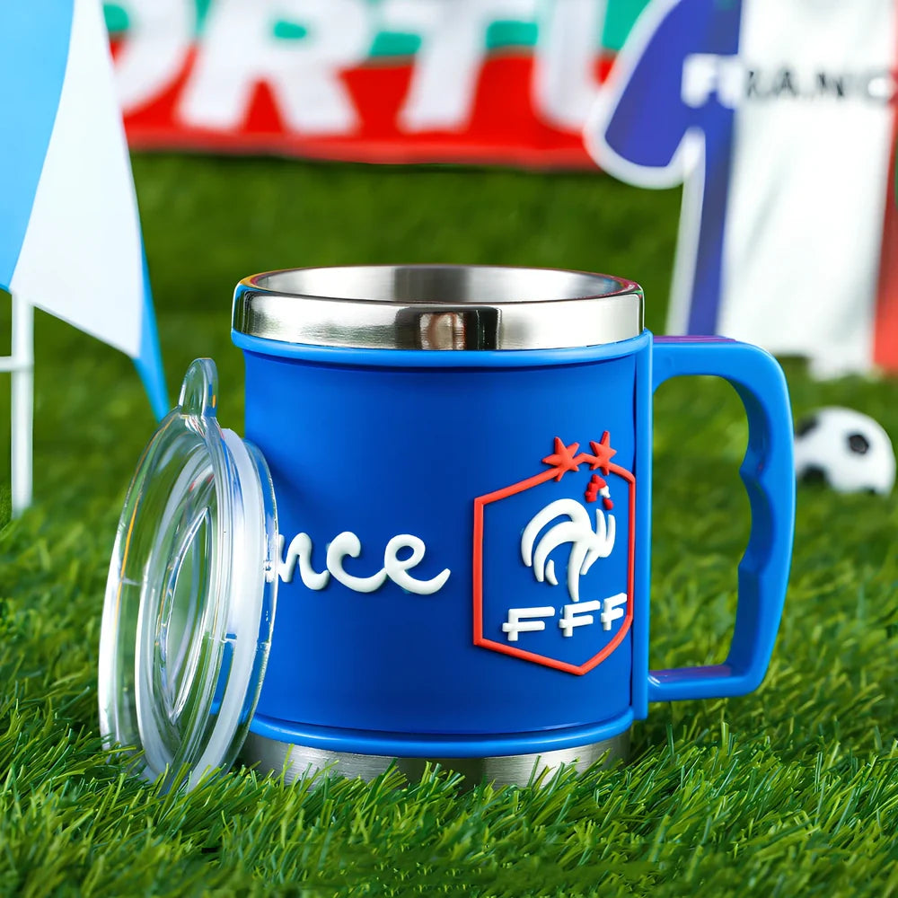 World Cup football mug with 7.6cm diameter and 10.5cm height in team colours
