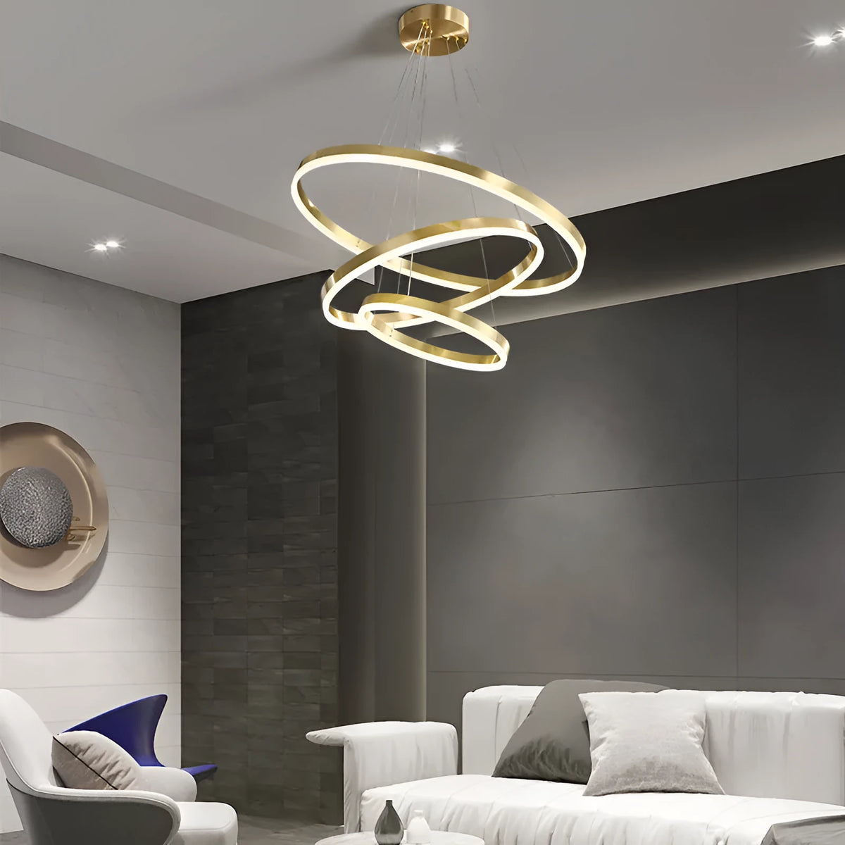 Nordic modern copper circle chandelier with three-circle design and remote control