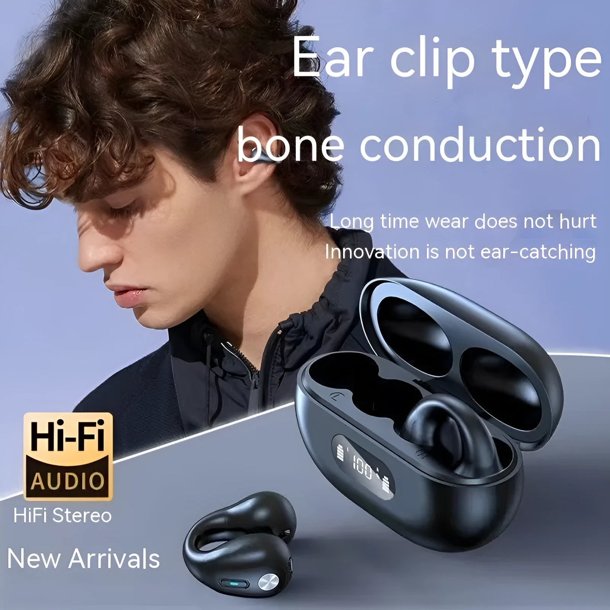Non-in-ear clip wireless Bluetooth headset in black or white with air conduction, ear hook and Jerry chip