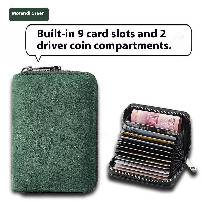 Men's suede-effect PU leather card holder with anti-degaussing protection showing card slots