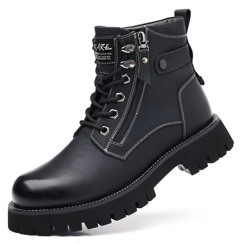 Men's brown high-top leather boots with side zipper, 3-5cm heel, and non-slip sole for winter wear