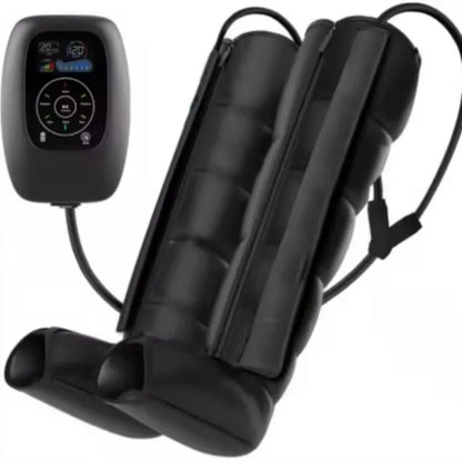 Air wave pressure leg, arm, and waist massager unit with handheld remote control on a grey background