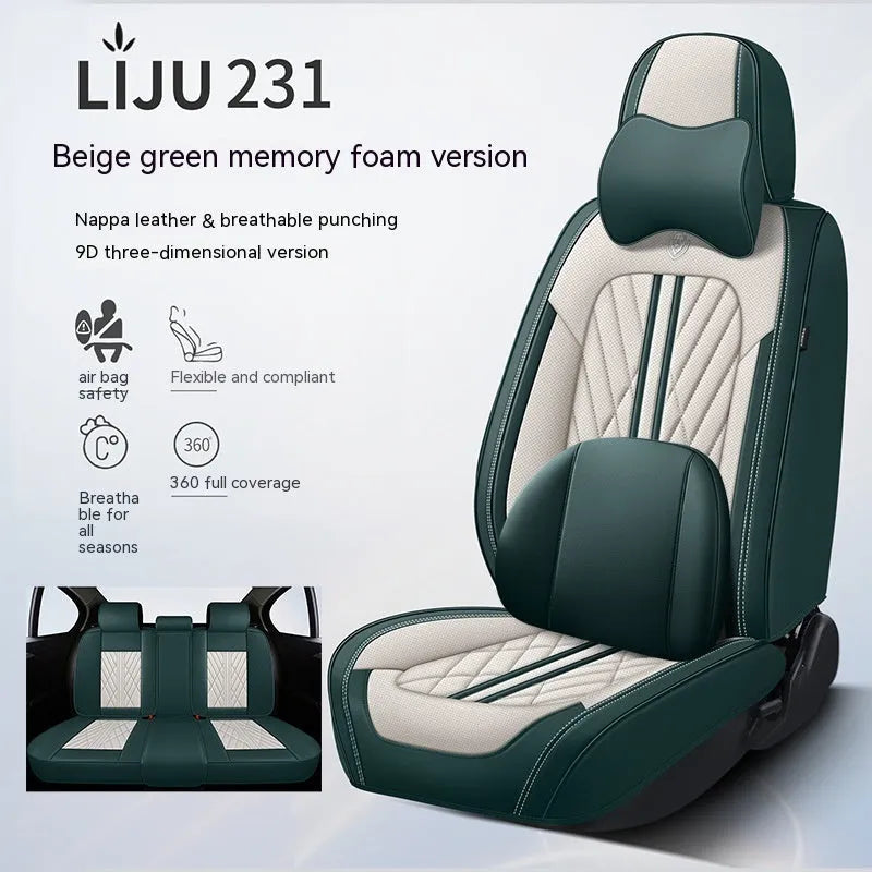 Five-seat car seat cushion set with leather covering in various colour combinations