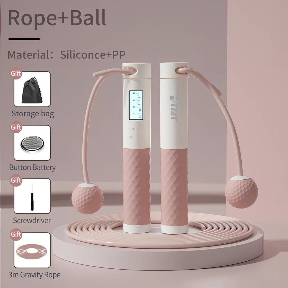 Digital counter jumping rope with adjustable length and silicone grips in black, blue, or pink colours