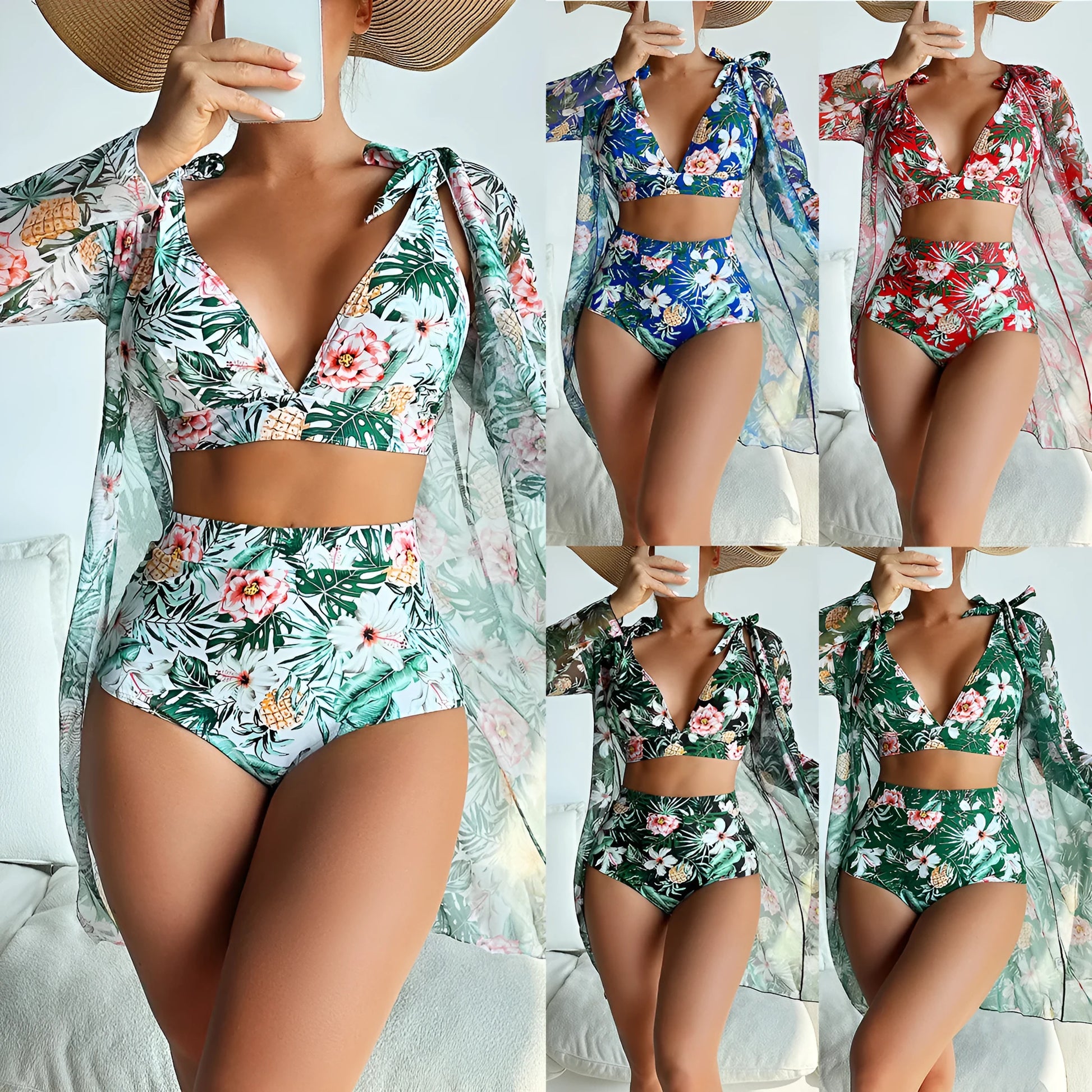 Women's multicolour printed bikini swimsuit three-piece set with a sunscreen shirt on a mannequin.