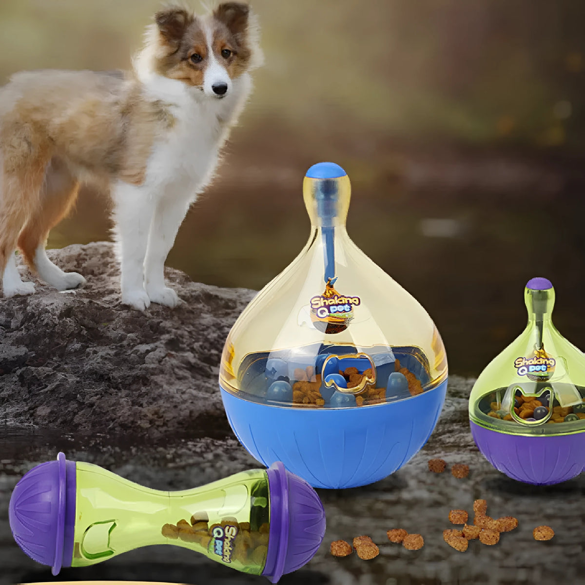 Pet tumbler toy food feeder for dogs and cats with built-in bell, blue large 13.5cm and purple small 8.5cm