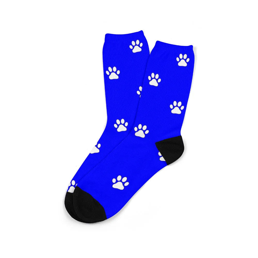 Custom printed mid-calf tube sock with a cartoon pattern from a personal photo.
