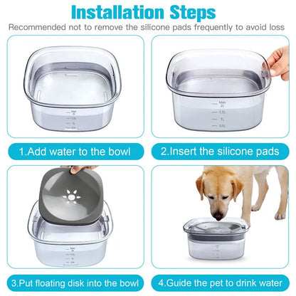Transparent 70oz dog water bowl with floating disk, showing water level indicator and non-slip base